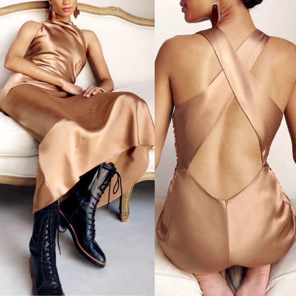 Reformation‎ Casette Midi Dress Croissant Brown Silk Cowl Neck Size 12 NWT - Picture 2 of 12